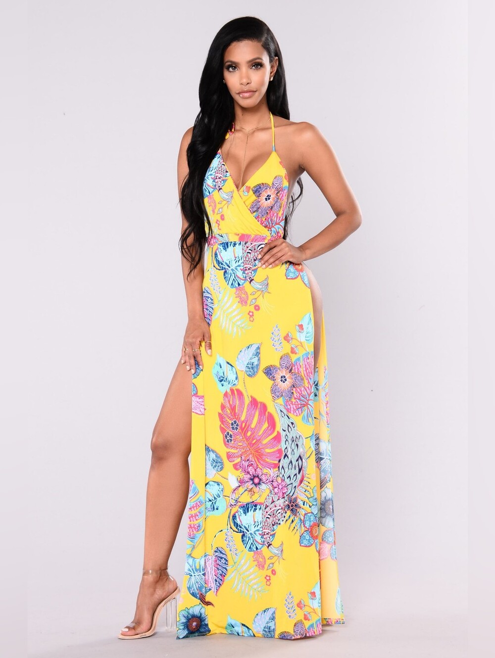 Fashion Nova Warmer Weather Maxi Dress Yellow Tropical Print
